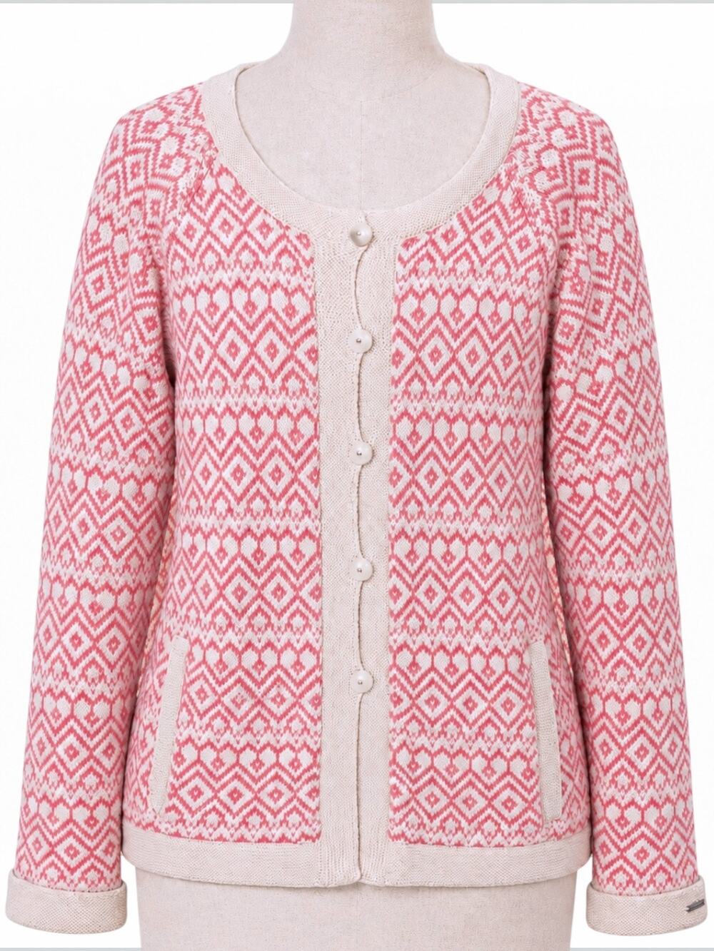 Rabalder Fair Isle Cardigan Women's XXL Pink Cream Nordic Cotton Blend Sweater